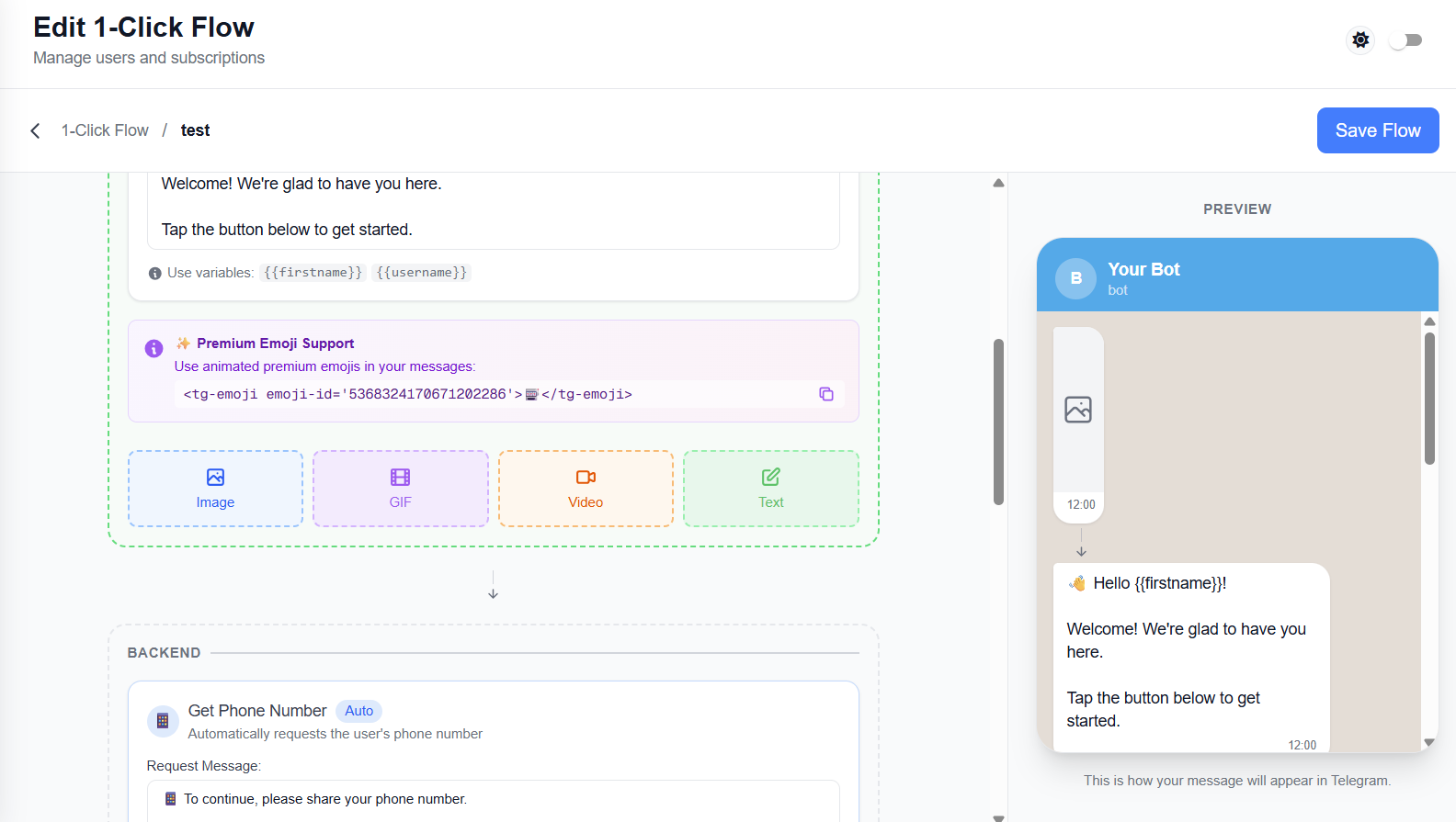 1-Click Flow editor with welcome message, phone request, and Telegram preview