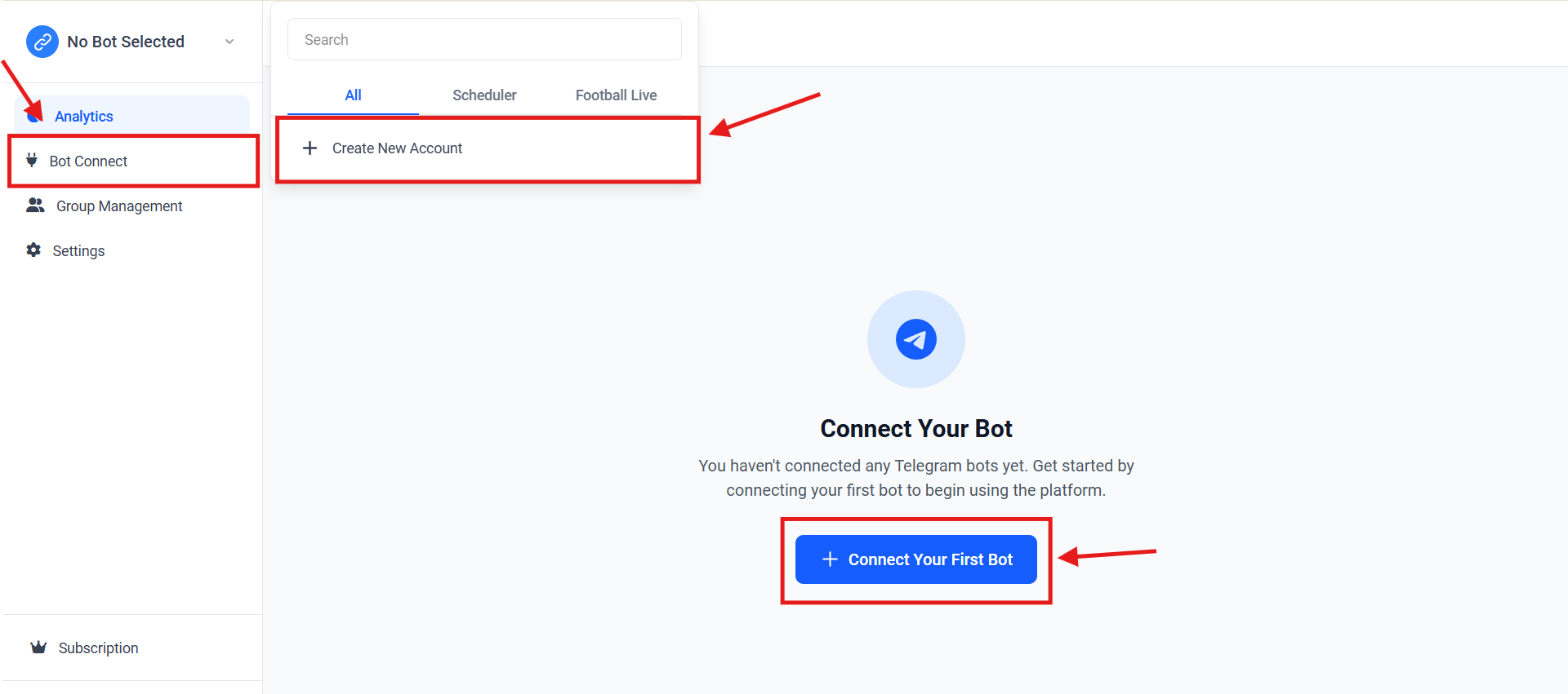 Screenshot showing Bot Connect button in sidebar and on dashboard