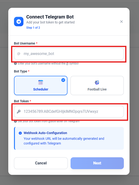 Screenshot showing the bot connection form with username and token fields