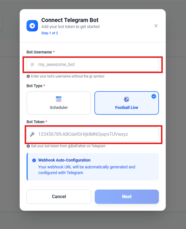 Screenshot showing the bot connection form with username and token fields