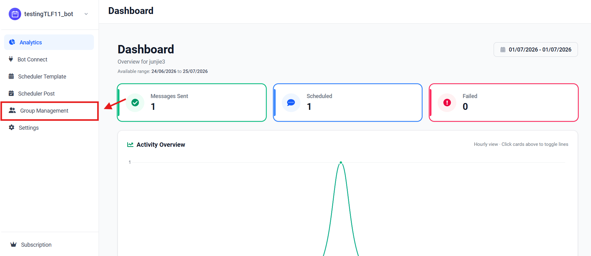 Screenshot showing Group Management in the dashboard sidebar