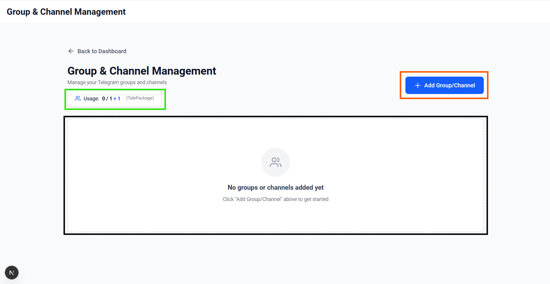 Screenshot showing the Group and Channel Management page