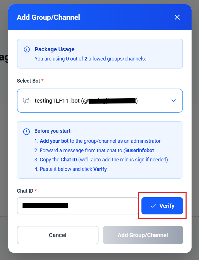 Screenshot showing the Add Group/Channel modal with bot selection and Verify button