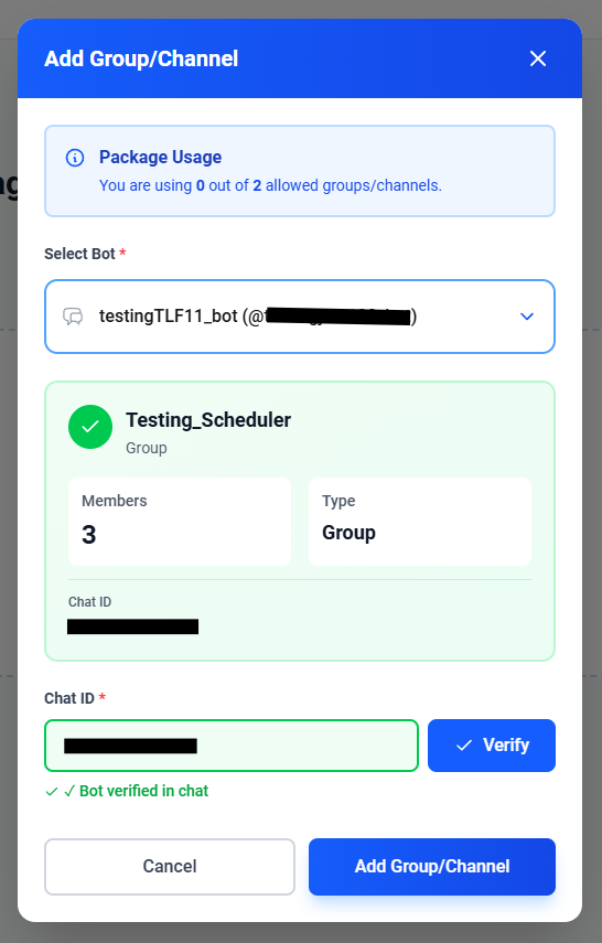Screenshot showing successful verification and the Add Group/Channel confirm button