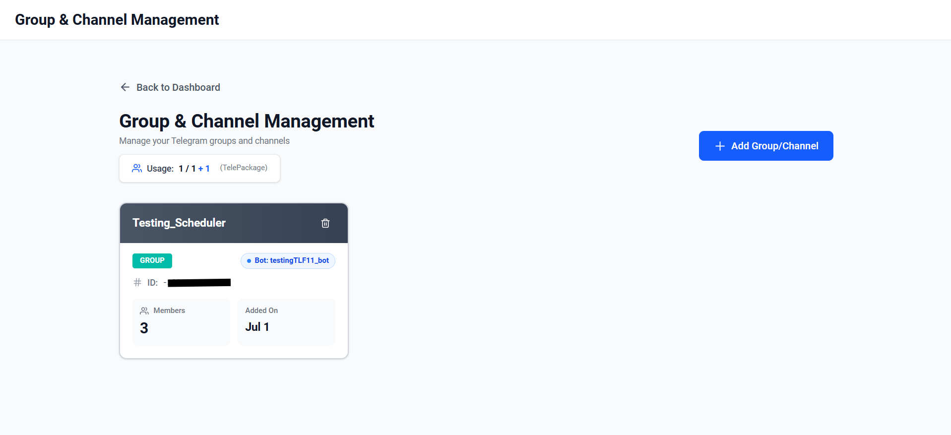 Screenshot showing a connected group listed on the Group and Channel Management page