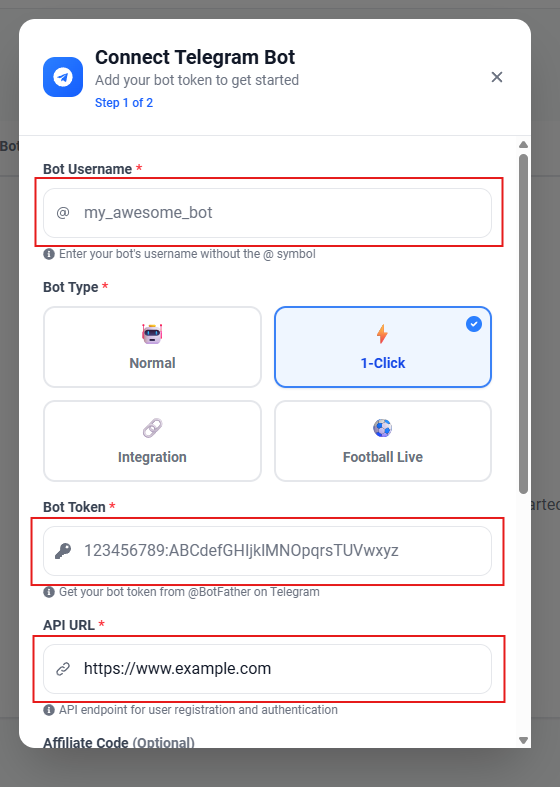 1-Click bot connection form highlighting Bot Username, Bot Token, and API URL