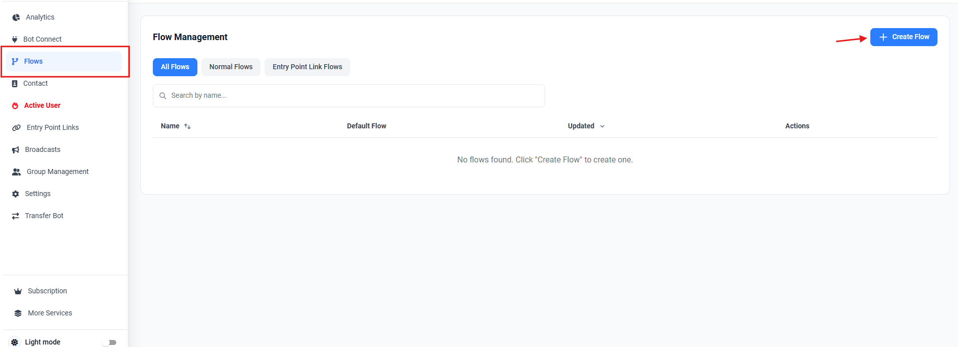 Screenshot showing the Flows page in the sidebar and the Create Flow button