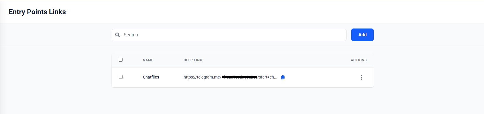 Screenshot showing a created entry point link with name, deep link, and copy button in the table