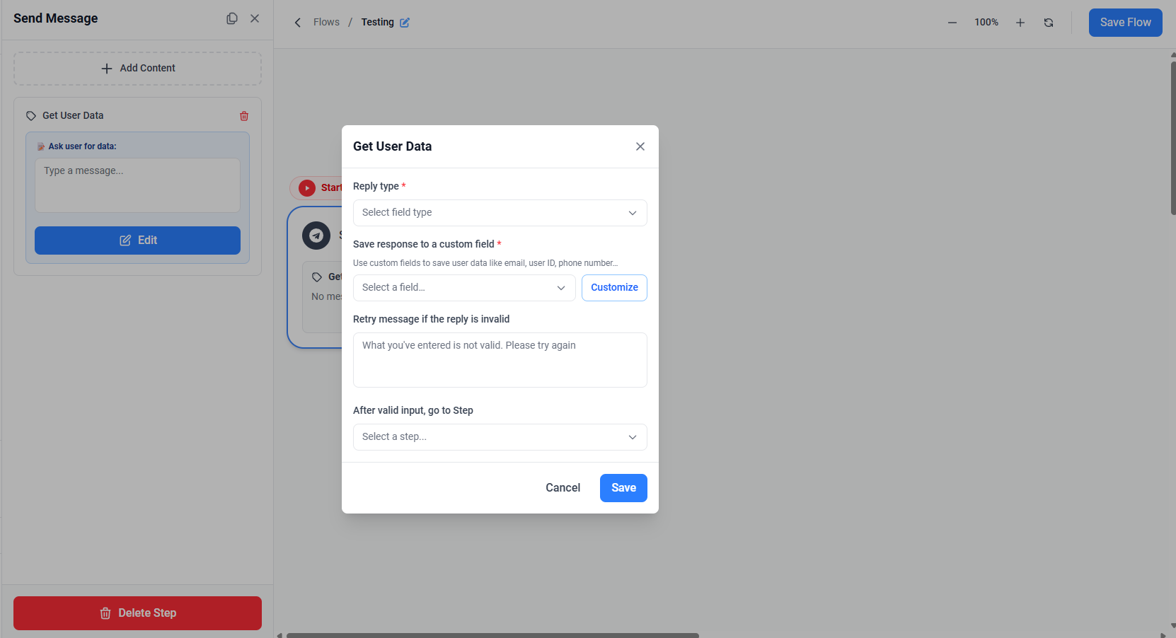 Screenshot showing the Get User Data dialog opened from Edit on a content block, with reply type, custom field, retry message, and next step