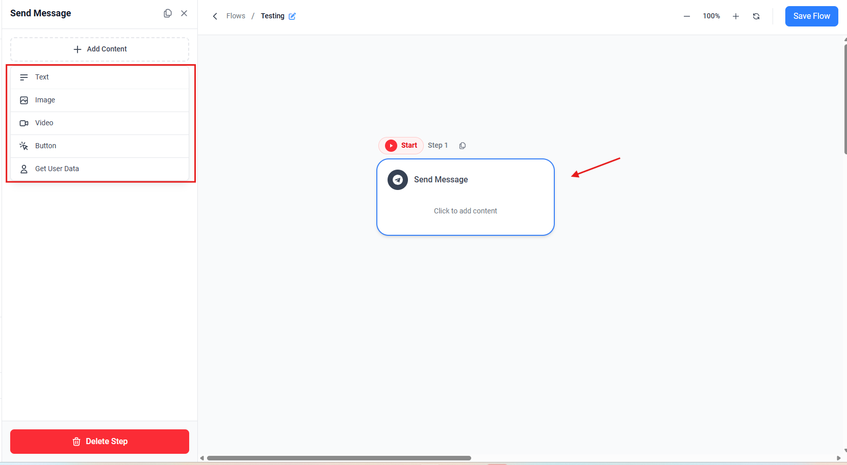 Screenshot showing the flow editor with Send Message selected and the Add Content sidebar