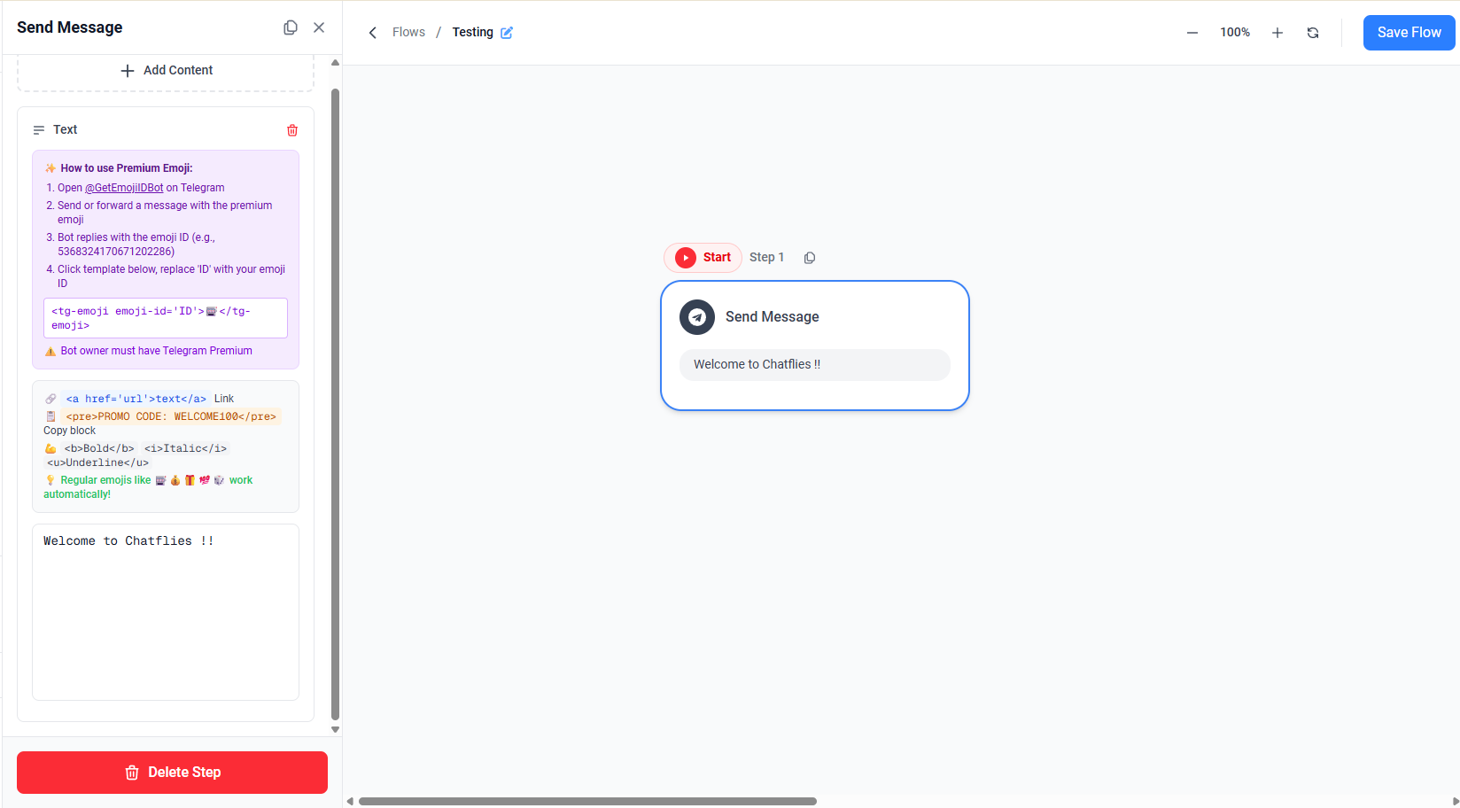 Screenshot showing the Text content block with formatting guides and a welcome message preview