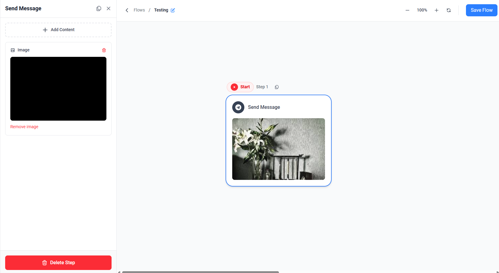 Screenshot showing the Image content block with upload preview and Remove image option