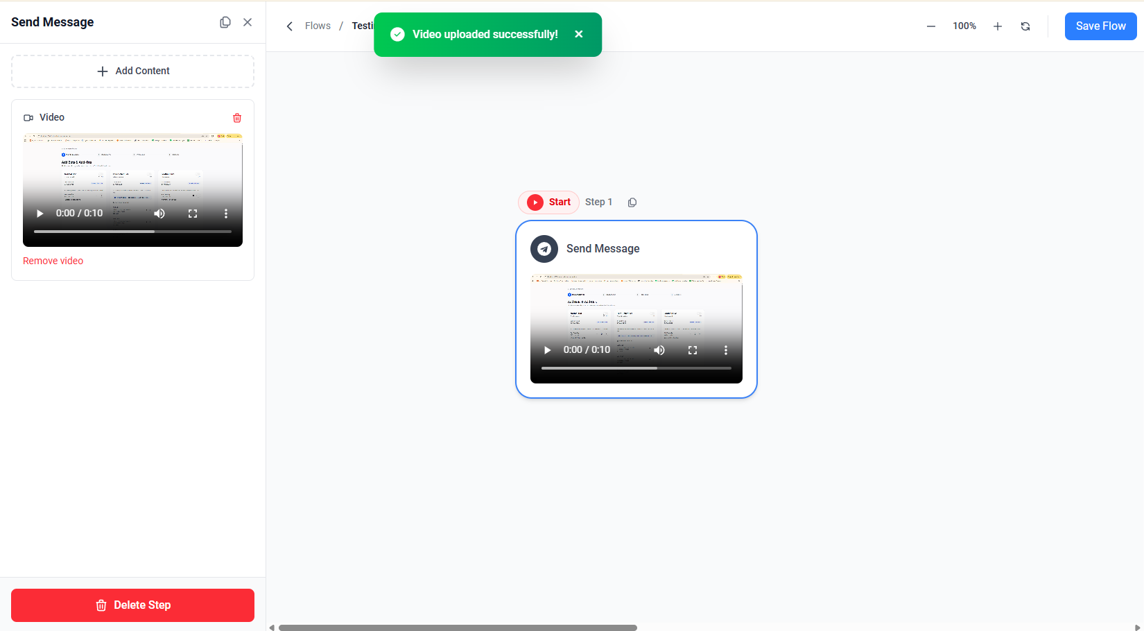 Screenshot showing a successfully uploaded video with preview and Video uploaded successfully notification