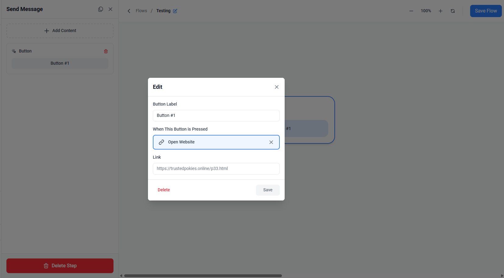 Screenshot showing Open Website selected with the Link URL field in the Edit dialog