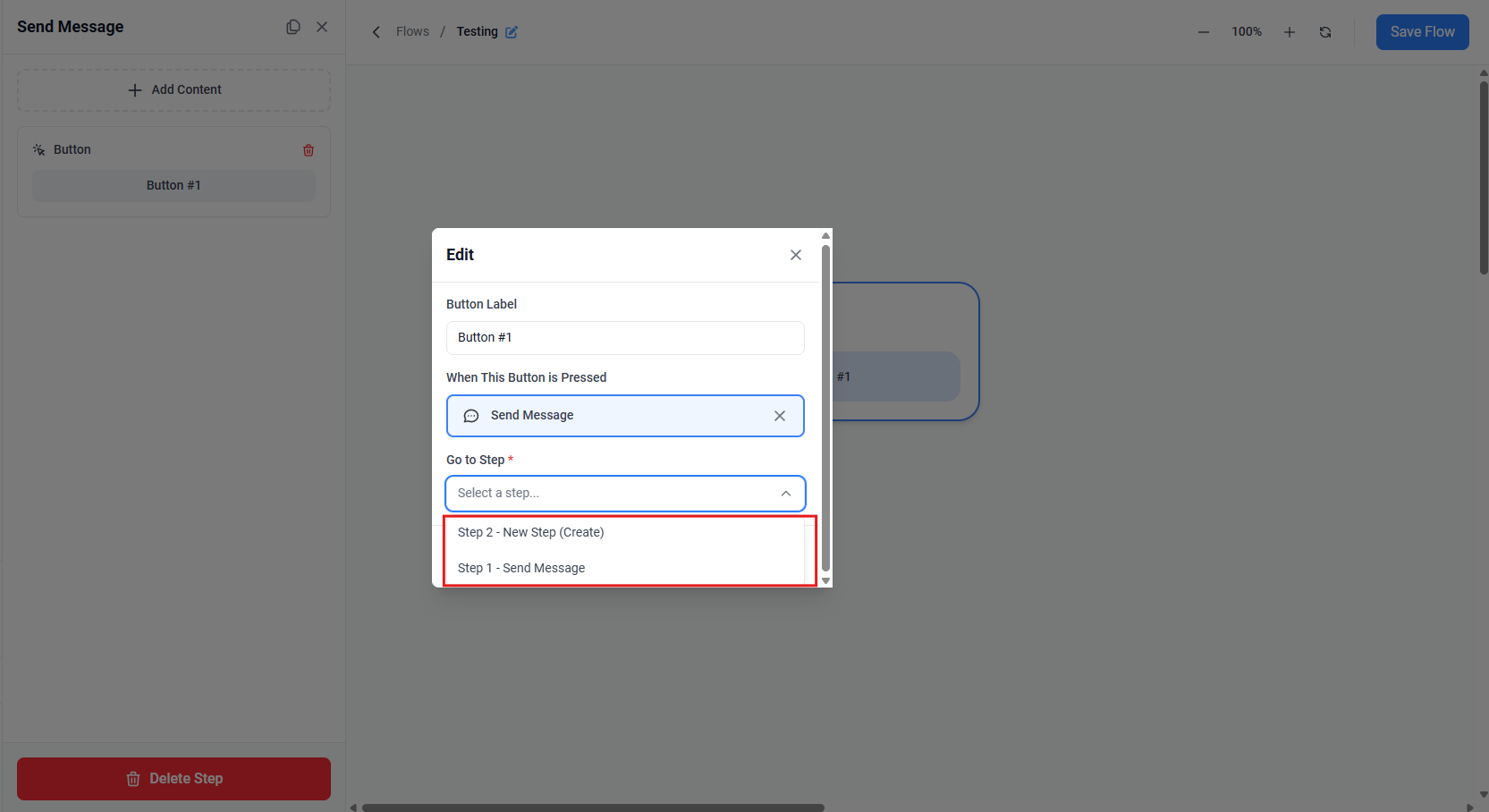 Screenshot showing Send Message selected with the Go to Step dropdown listing flow steps
