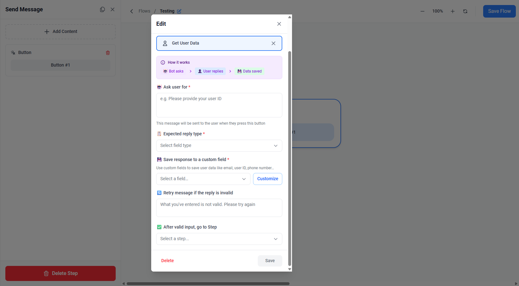 Screenshot showing Get User Data configuration with ask prompt, field type, custom field, retry message, and next step