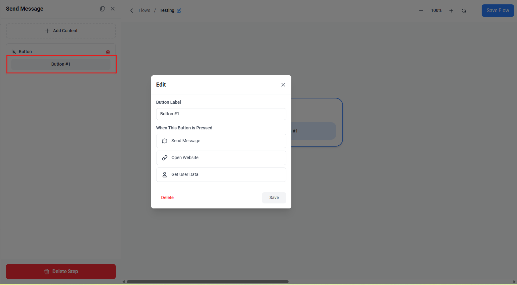 Screenshot showing the Button Edit dialog with label field and three action options