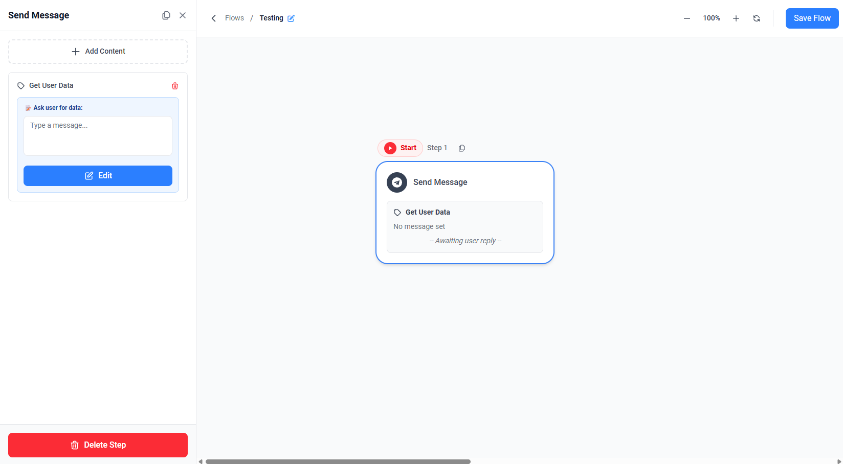 Screenshot showing Get User Data as a content block with ask prompt and Edit in the Send Message sidebar