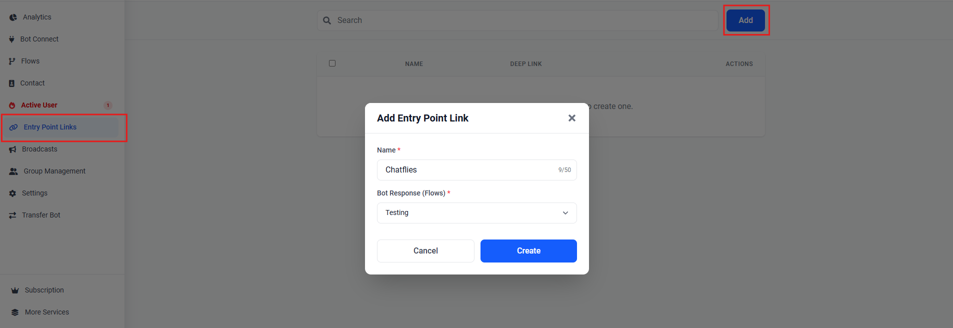 Screenshot showing Entry Point Links in the sidebar, the Add button, and the Add Entry Point Link modal