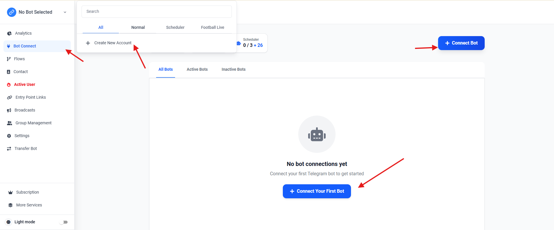Screenshot showing Bot Connect in the sidebar and Connect Bot buttons on the dashboard