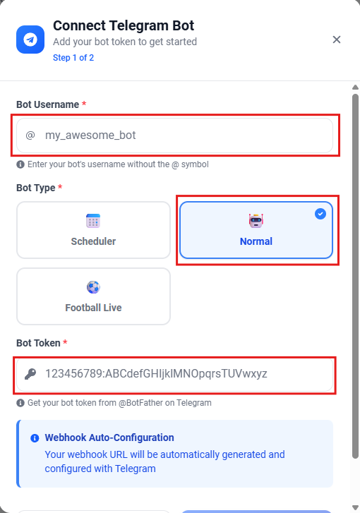 Screenshot showing the Connect Telegram Bot form with Normal bot type selected