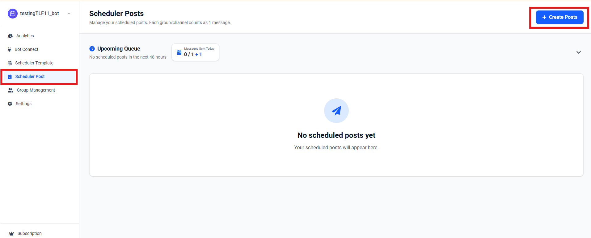 Screenshot showing Scheduler Post in the sidebar and Create Posts button