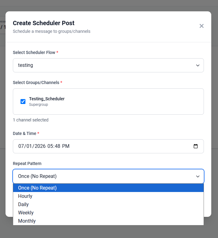 Screenshot showing Create Scheduler Post modal with flow, destinations, date, and repeat pattern