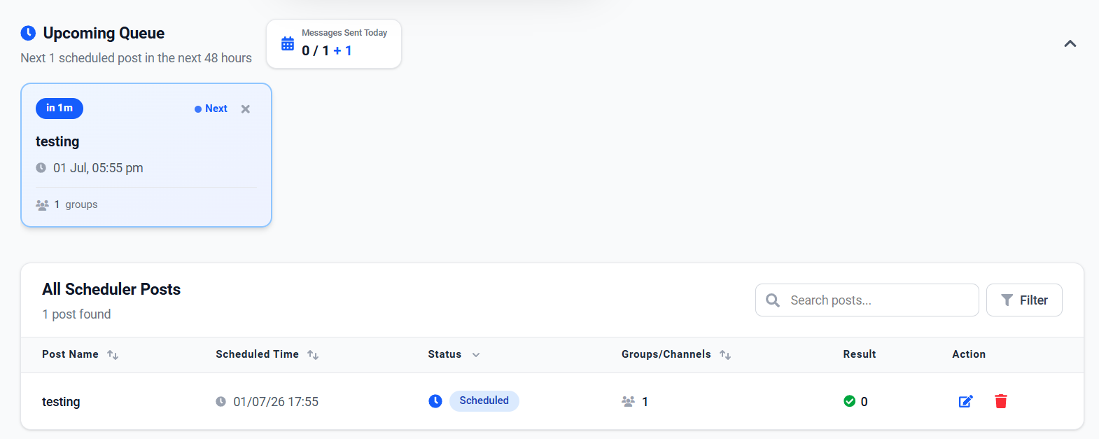 Screenshot showing the Scheduler Posts list with status badges