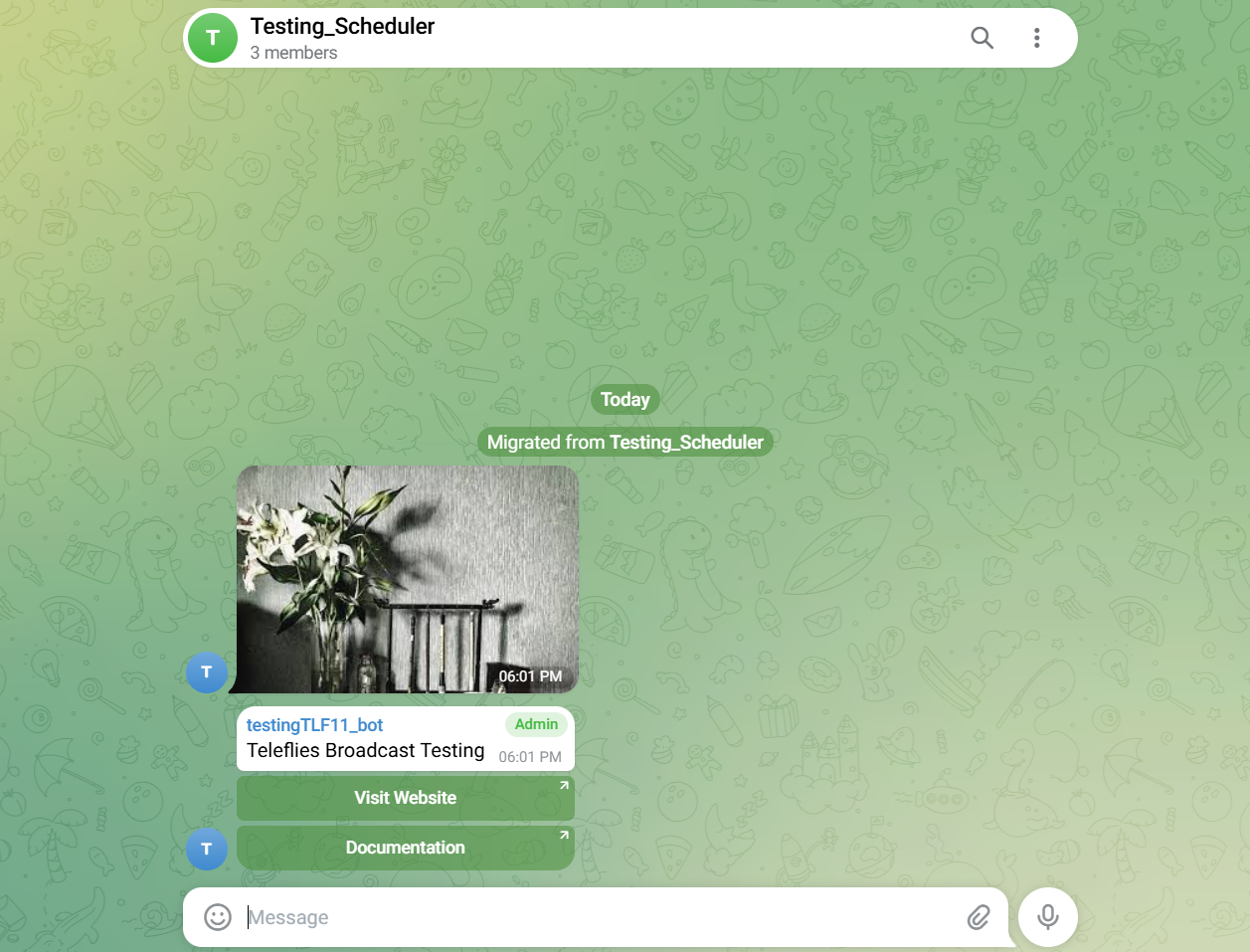Screenshot showing the broadcast message delivered in a Telegram group