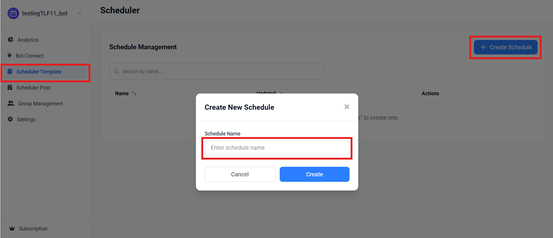 Screenshot showing Scheduler Template sidebar, Create Schedule button, and schedule name modal