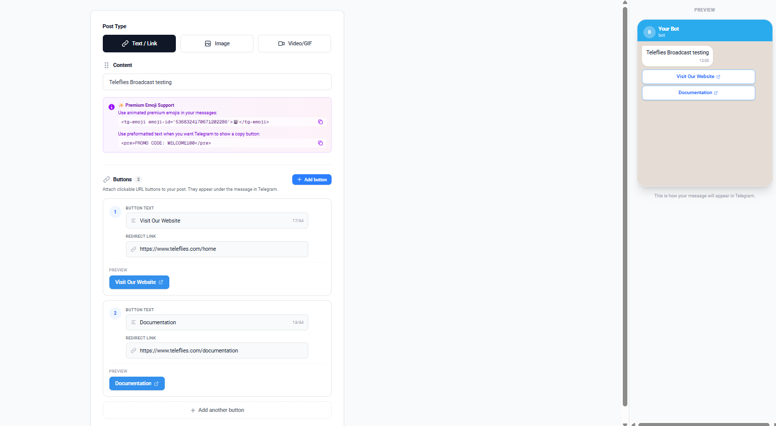 Screenshot showing Text/Link tab with content field and URL buttons