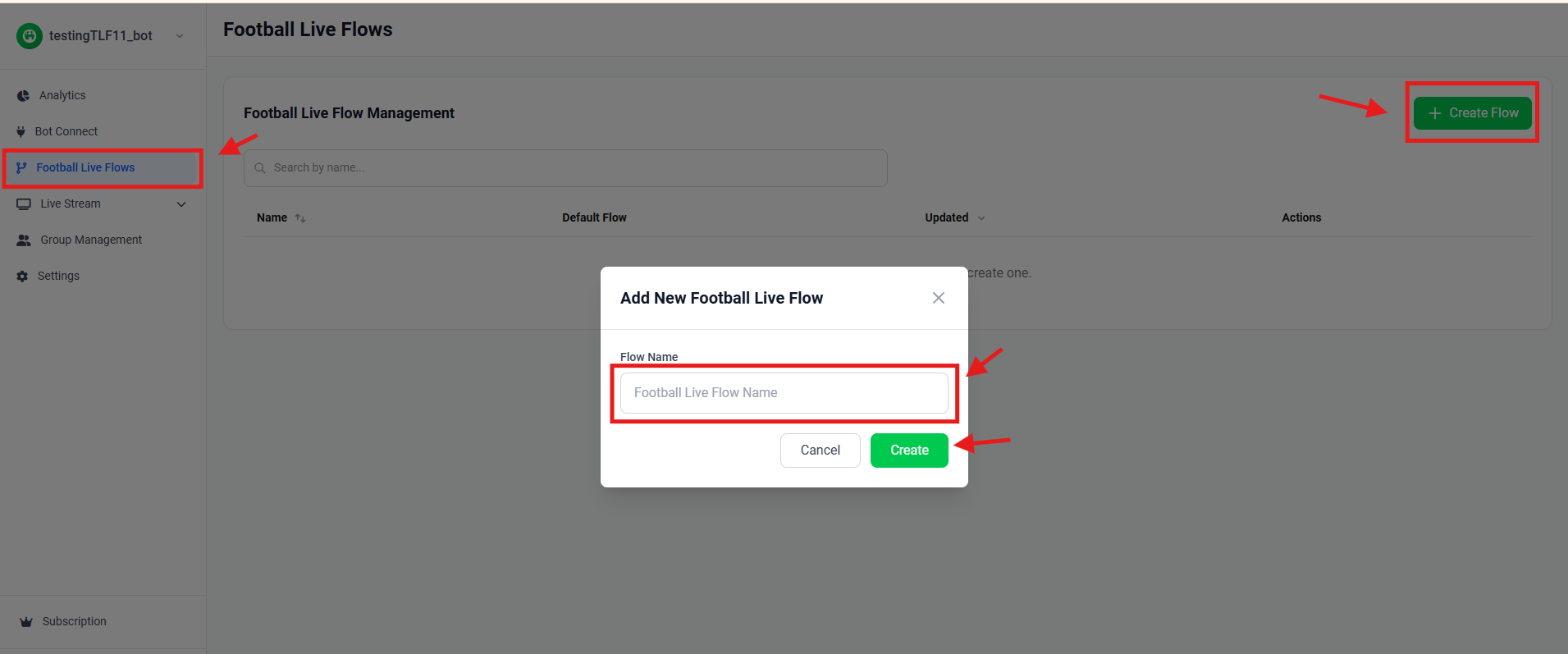 Screenshot showing the Create Flow button and flow name input