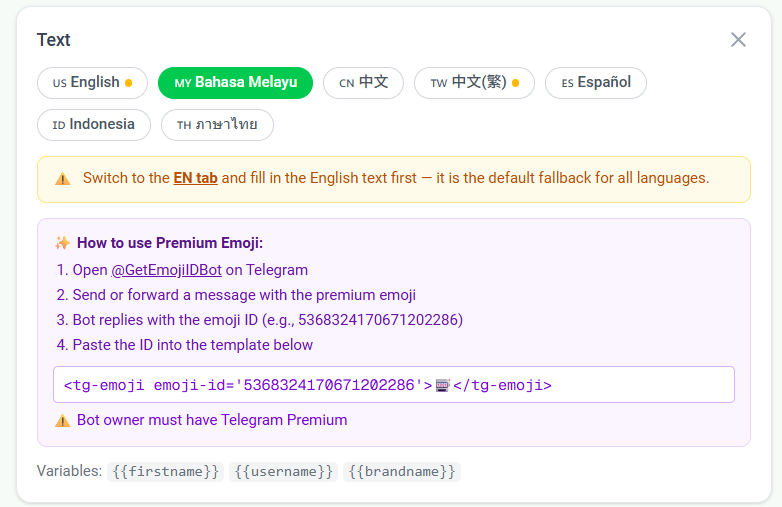 Screenshot showing the English content requirement for welcome message