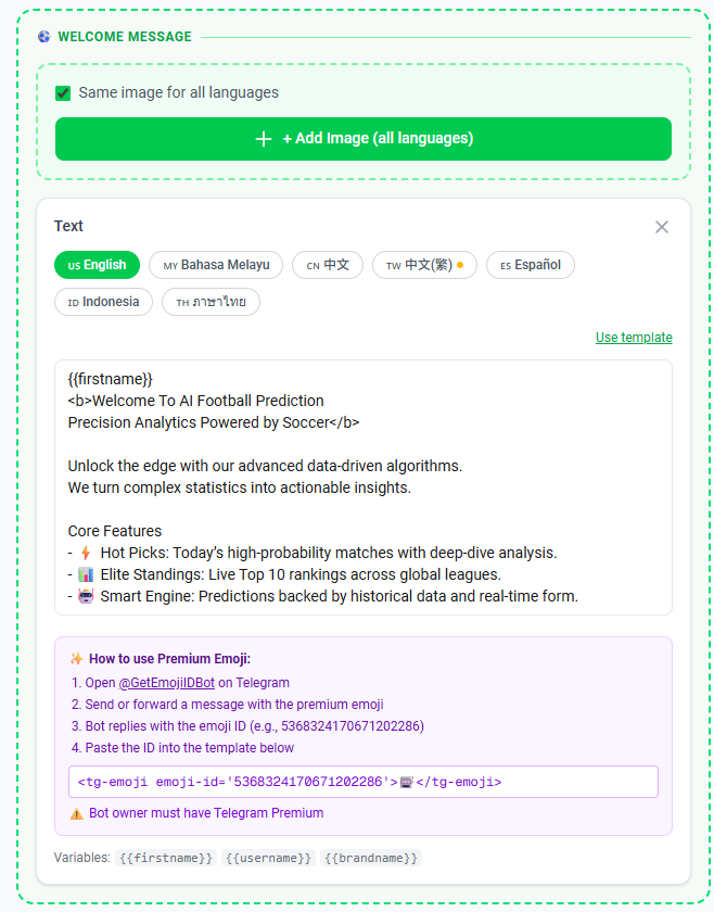 Screenshot showing welcome message with same image for all languages ticked