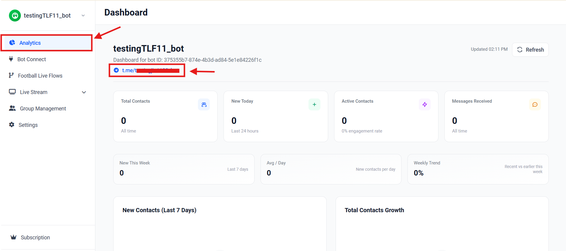 Screenshot showing the bot link in the dashboard